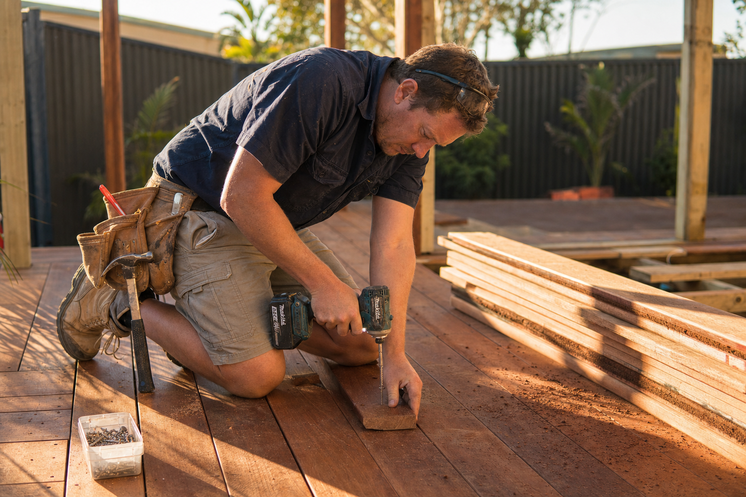 Australian carpenter driving a deck screw into hardwood decking