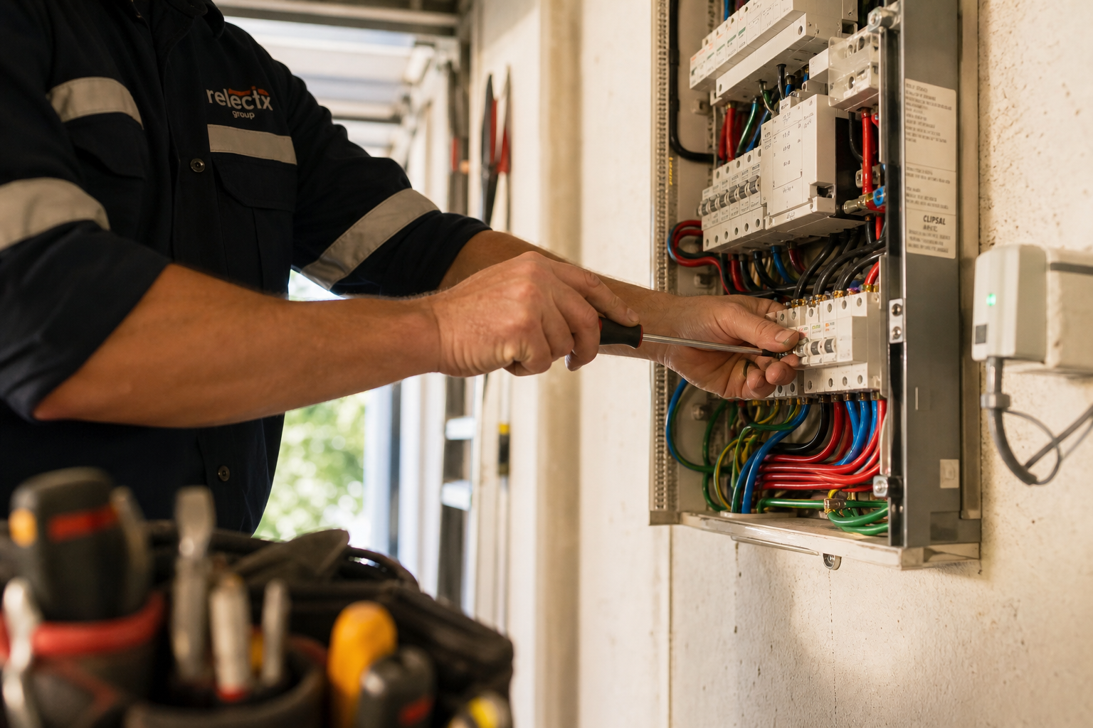Australian electrician working on an open residential switchboard