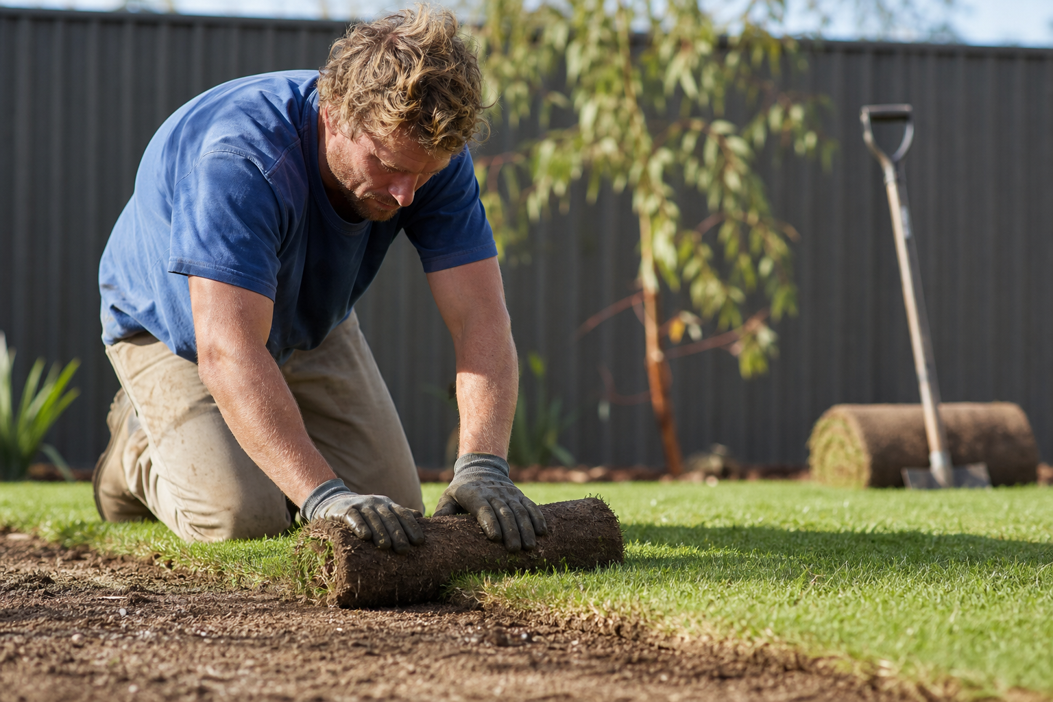 Australian landscaper laying fresh rolls of turf in a backyard