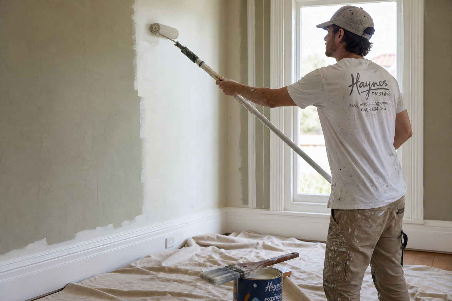 Australian painter rolling a fresh coat of paint onto an interior wall