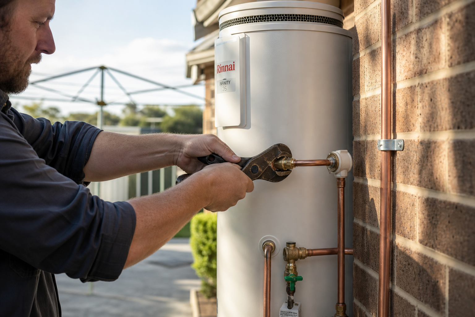 Australian plumber installing a hot water system with a pipe wrench